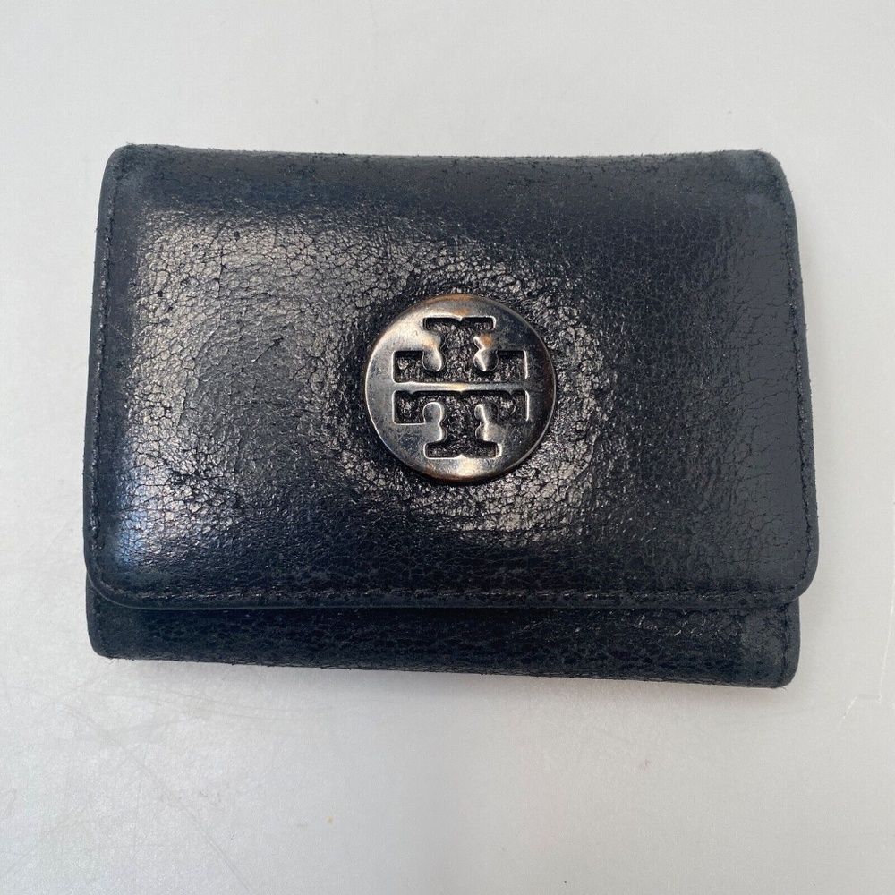 Tory Burch Black Leather Tri-Fold Key Case Mini Wallet – EUC, 5 Hooks, Crackle F - Picture 2 of 15